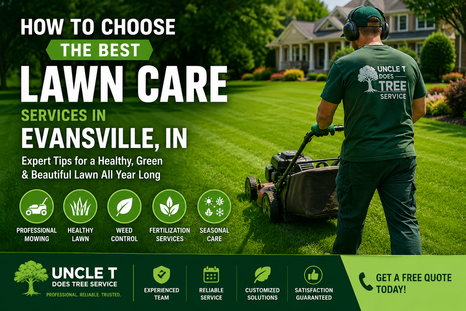 Lawn care expert mowing a healthy green lawn in Evansville, IN.